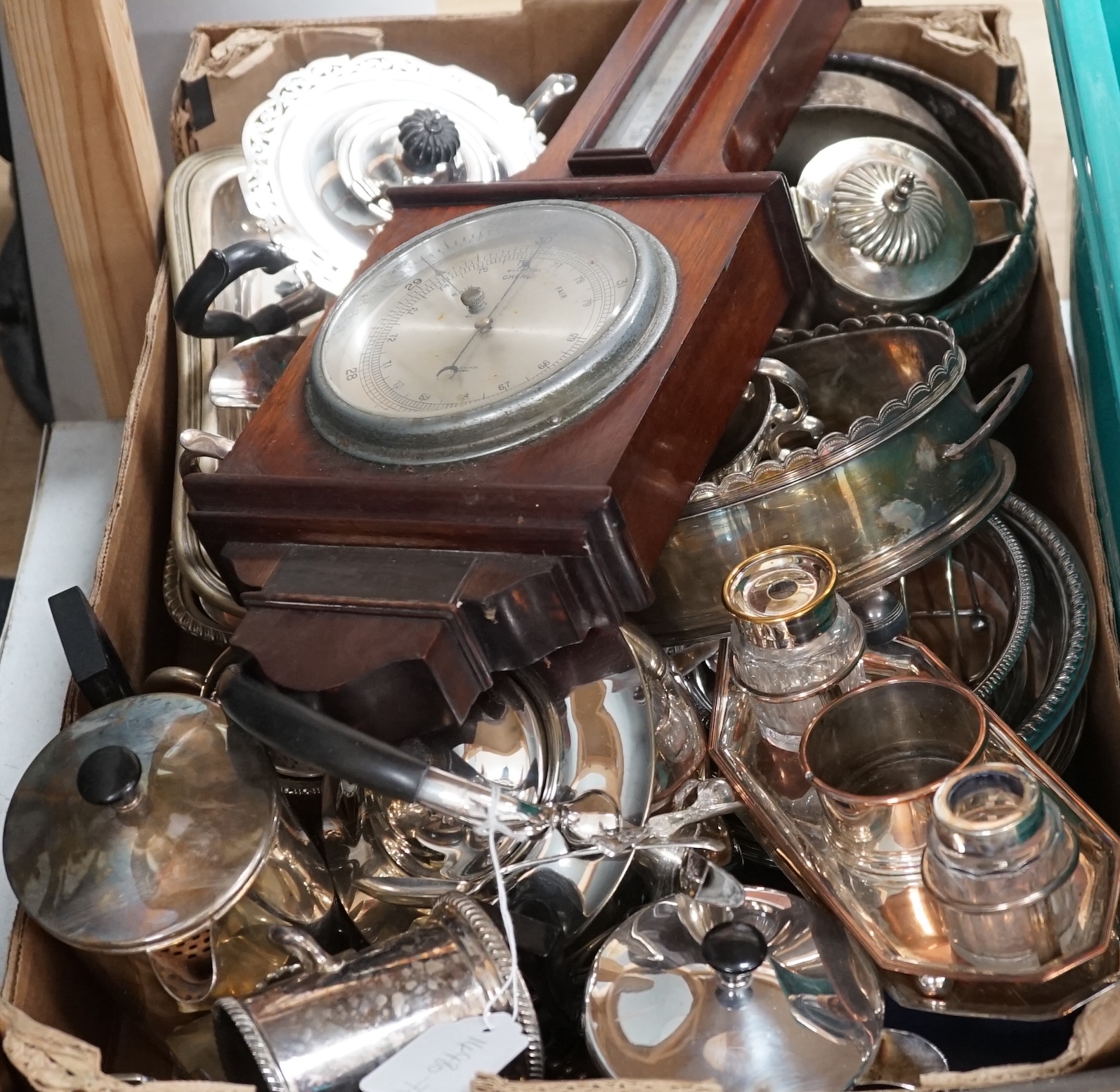 Assorted plated wares and a walnut aneroid barometer